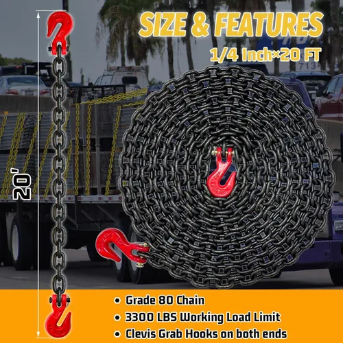 Miniatura 2 de G80 Cadena de Carpeta de Transporte Cadena de 1/4"×20 PIES de Alta Resistencia con 3300 Libras de Fuerza de Rotura para Remolque Cadenas