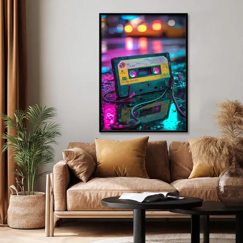 Miniatura 6 de Cinta de casete de audio retro y arte en lienzo de Walkman, fotografía de neón de la nostalgia musical de los años 80, decoración de pared