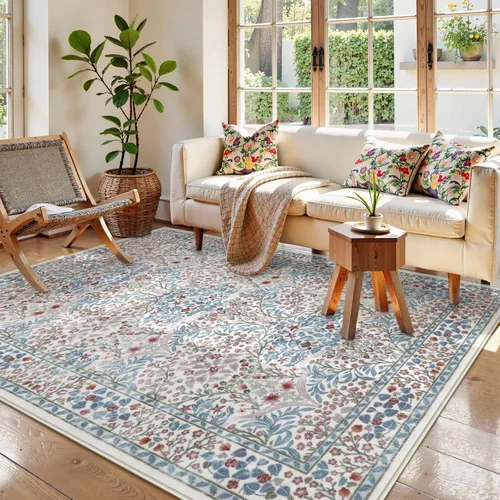 Miniatura 36 de Lahome Tapete floral lavable, suave, para entrada y cocina, 2 x 3 pies, antideslizante, bohemio, ultradelgado, fácil de limpiar, para interior, Azul