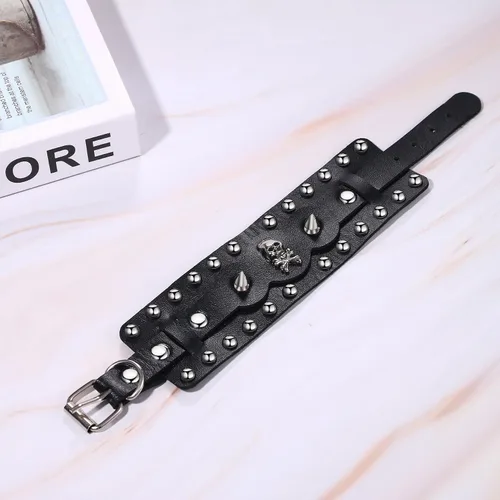 Miniatura 5 de Cupimatch Punk Gothic Skull Rivet Wide Leather Bracelet Cuff Adjustable 7.5"- 8.7" for Father's Day