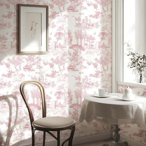 WENMER Papel Tapiz Toile, 17.7" X 118" Rosa y Blanco Despegar y Pegar Papel de Pared, Papel Tapiz Toile de Jouy, Papel de Contacto Vintage Francés