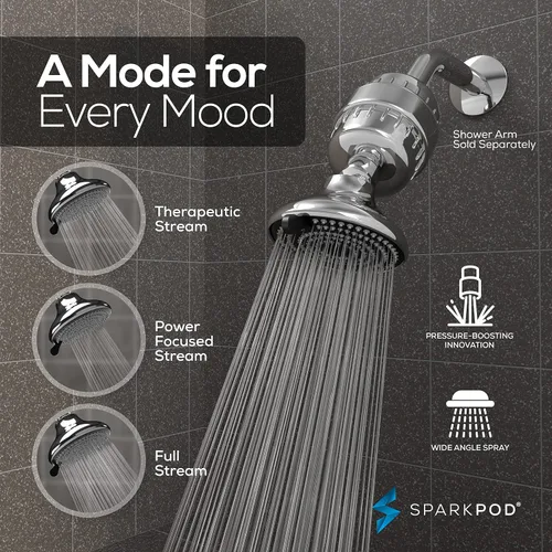 Miniatura 4 de SparkPod Cabezal de ducha filtrado de 23 etapas con 3 ajustes de pulverización, cabezal de ducha de alta presión con filtros para cabello y piel