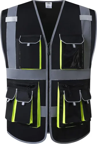 Miniatura 20 de JKSafety Chaleco de seguridad con 10 bolsillos, clase 2, de alta visibilidad, con cremallera frontal amarilla, con tiras reflectantes, cumple