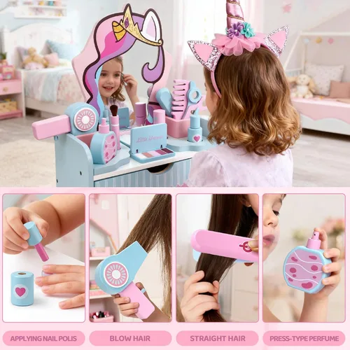 Miniatura 5 de Atoylink Juego de tocador de maquillaje de madera para niñas, juguetes de mesa para niños con espejo, cajón, juego de peluquería y accesorios