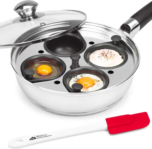 Innovaciones modernas de acero inoxidable 4 Pan de cazador furtivo de huevo conjunto con hueveras, bandeja, recipiente, tapa y espátula