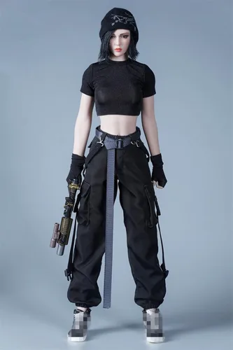 Ropa femenina a escala 1/6, camiseta y pantalones, guante, cinturón, traje de disfraz para soldado de 12 pulgadas, figura de acción (camisa negra +