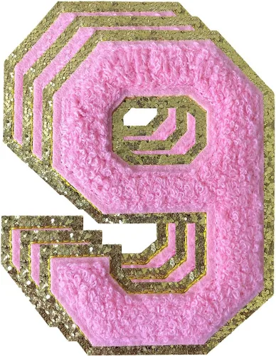 Miniatura 190 de 3 parches de números de chenilla negra, tamaño grande de 4-1/2" parches de números para planchar, parches universitarios para ropa, 8" Borde oro rosa