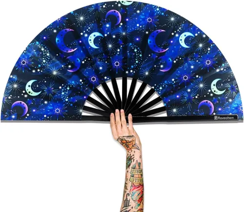 Miniatura 14 de Ventilador plegable grande, ventilador Clack Rave de 13 pulgadas, ventilador de mano para mujeres y hombres con tela de satén de alta calidad, marco