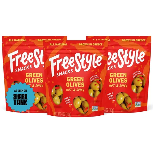 Freestyle Snacks Paquetes de aperitivos de oliva, como se ve en Shark Tank, aceitunas verdes frescas sin hueso, tamaño gigante, cultivadas en