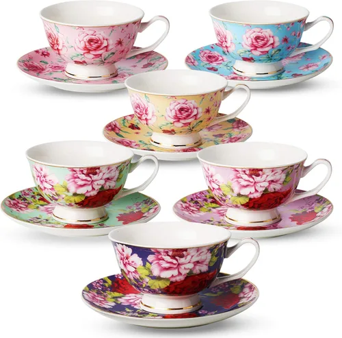 BTaT - Tazas de té y platillos, juego de 6, 8 oz, diseño floral, juegos de tazas de té de porcelana, apto para lavavajillas Varios colores