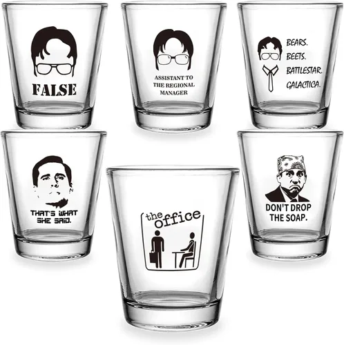 Miniatura 2 de Juego de 6 vasos de chupito de mercancía de The Office, vasos de chupito transparentes de 1.5 onzas con base pesada, regalos divertidos para The