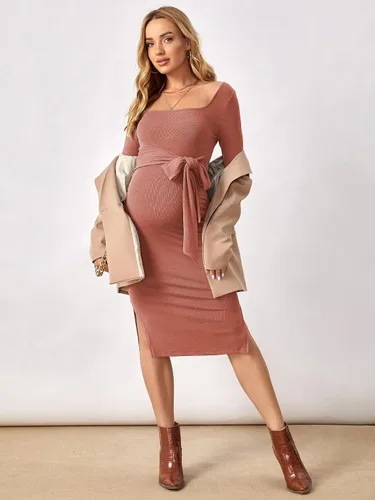 Miniatura 5 de OYOANGLE Vestido midi ajustado de manga larga con nudo frontal y cuello cuadrado para mujer