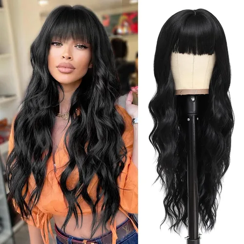 Miniatura 20 de NAYOO Pelucas marrones con flequillo para mujer, pelucas de cabello largo y ondulado, resistentes al calor, pelucas de fibra sintética para uso