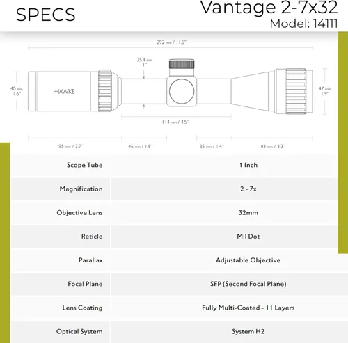 Miniatura 4 de HAWKE Vantage 2-7x32 AO Mil-Dot impermeable a prueba de niebla a prueba de golpes de aluminio para caza alcance o Vantage 2-7x32 AO Mil-Dot Alcance