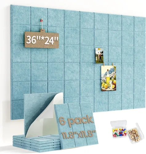 Miniatura 23 de Pizarra de corcho grande para paredes con 30 pasadores, 11.8 x 11.8 pulgadas, paquete de 6 tablones de anuncios para oficina en casa, cocina, tablón