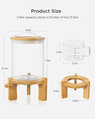 Miniatura 2 de HBlife Dispensador de arroz de vidrio de 5 a 7 libras con soporte de madera, contenedor de harina y cereales con taza medidora de vidrio, despensa