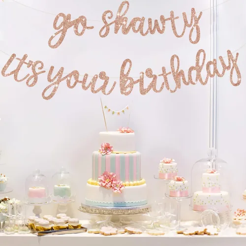 Miniatura 4 de BEISHIDA Pancarta de Oro Rosa "Go Shawty It's Your Birthday" - NO DIY - Pancarta de Feliz Cumpleaños con Purpurina Temática Hip Hop - Pre-Ensartada