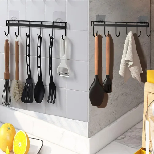 Miniatura 7 de Utensil Hooks Wall Utensil Holder Rail with 6 Hooks Kitchen Utensils Hanger No Drilling Wall Mounted Adhesive Utensil Hooks for Kitchen, Bathroom