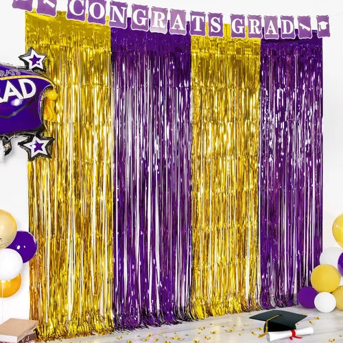 Miniatura 9 de LOLStar Paquete de 2 decoraciones de fiesta de graduación azul y dorado 2025, cortinas de flecos de aluminio de 3.3 x 6.6 pies, telón de fondo