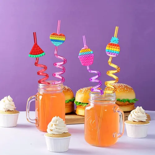 Miniatura 4 de 24 pajitas de plástico para beber para fiestas de cumpleaños, 8 diseños de Pop Fidget ideales para suministros de fiesta pop con 2 cepillos