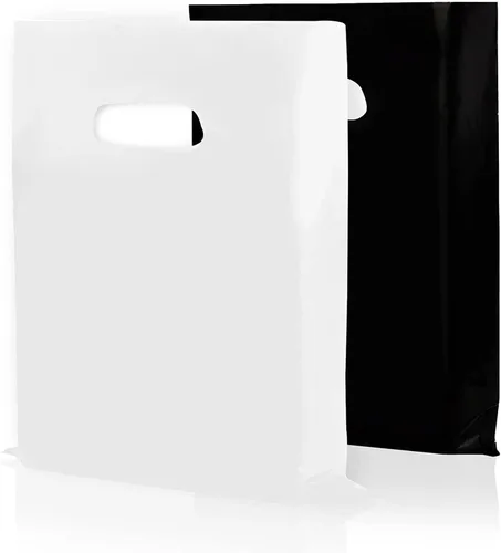 Houseables Bolsas de compras de plástico para mercancías, bolsa al por menor, 16"x18", paquete de 100, 1.75 mil de grosor, blanco y negro, asas