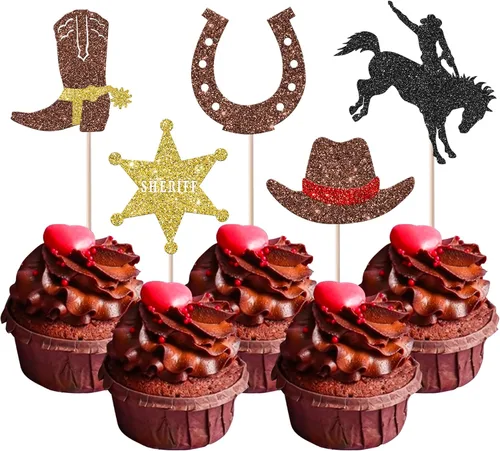 Miniatura 10 de Rsstarxi Paquete de 30 adornos de vaquero para cupcakes con purpurina para zapatos de caballo de vaquero, botas, pistola, temática occidental