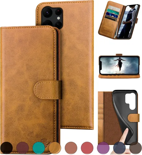 Miniatura 14 de DuckSky Funda tipo cartera de cuero genuino para Samsung Galaxy S23 Ultra con bloqueo RFID, 4 tarjeteros de crédito. 【Cuero auténtico】 Funda Marrón
