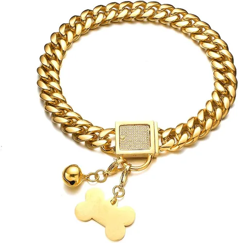 Miniatura 7 de Collar plateado para perro, collar de cadena de eslabones cubanos con hebilla de circonita, etiqueta de identificación y campana, a prueba