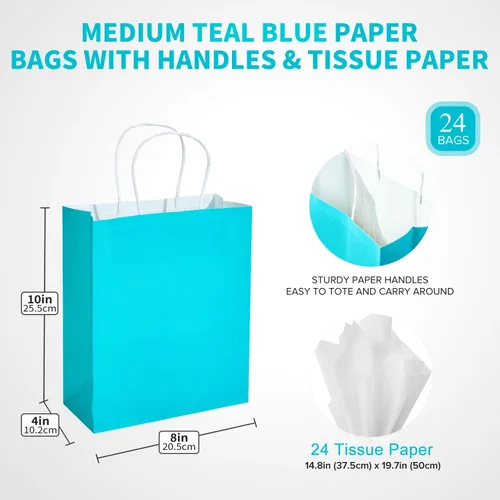Miniatura 4 de DjinnGlory Paquete de 24 bolsas de regalo de papel azul turquesa de tamaño mediano con asas de 10 x 8 x 4 pulgadas y 24 papel de seda para Verde