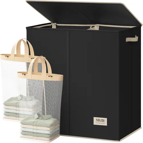 Miniatura 16 de SOLEDI Cesta de lavandería de lujo doble con tapa y bolsas removibles, cesta grande para lavandería, cesta de lavandería de 2 secciones, cesta