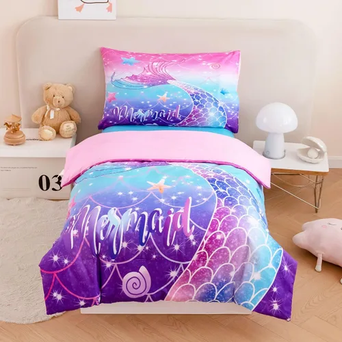 Miniatura 11 de ZRNBAST Juego de ropa de cama para niñas pequeñas de 4 piezas con cola de sirena, color rosa, turquesa, degradado, arco iris, colorido, ropa de cama