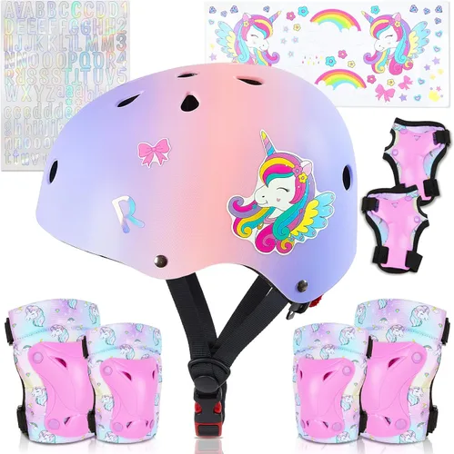 Miniatura 10 de Casco para niños, casco de bicicleta para niños pequeños con pegatinas DIY Unicornio, rodilleras y coderas ajustables, juego de protección para Rosa