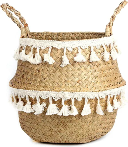 Cesta de Barriga de Hierba Marina Tejida de Macramé con Borlas para Almacenamiento, Decoración, Lavandería, Picnic, Cubierta de Maceta, Comestibles