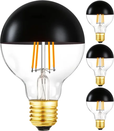 Foco de medio cromo, bombillas LED Edison regulables de 6 W (equivalente a 60 W), forma de globo G80/G25 decorativa, luz reflejada mitad negra, luz
