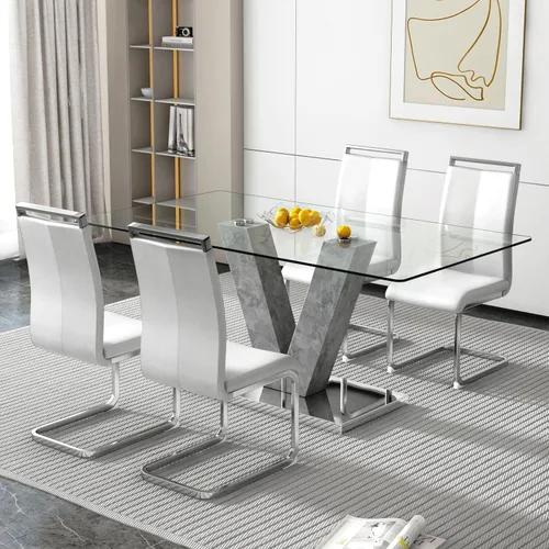 Miniatura 10 de Juego de mesa de comedor de vidrio de 71 pulgadas para 6, juego de mesa de comedor para 6, mesa de cocina moderna y 6 sillas de PU, parte superior 6