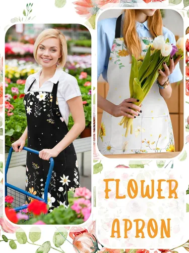 Miniatura 6 de Bencailor 6 delantales de cocina de verano con bolsillos, diseño de flores, gallo, abeja, mariposa, girasol, primavera, a granel para mujeres