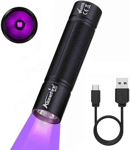 ALONEFIRE SV127 Mini 395nm Linterna UV USB C recargable Blacklight Woods Lámpara Detector de Dinero Luz Negra para Detetector de Orina de Mascotas,