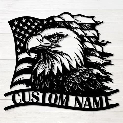 Letrero de metal personalizado de águila y bandera estadounidense, arte de pared patriótico con nombre personalizado, decoración de hierro para el