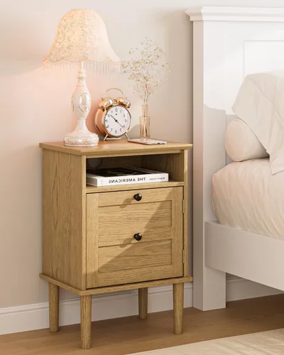 Miniatura 12 de Mesita de noche, mesita de noche bohemia con 1 cajón, mesa auxiliar moderna con estante abierto, mesa auxiliar de noche de madera para dormitorio