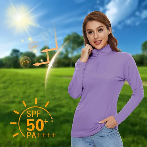 Miniatura 4 de CRYSULLY Camisas de manga larga para mujer, protección solar, cremallera de 14, de verano, de secado rápido