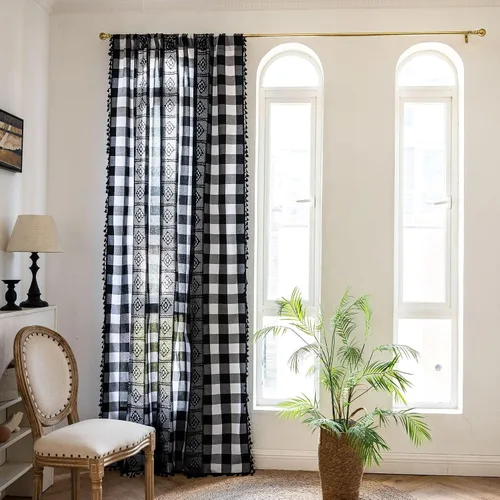 Miniatura 120 de Deeprove Cortinas bohemias para dormitorio, rayas huecas de ganchillo crema y estampado floral, tela de lino de algodón, con borlas beige bohemias