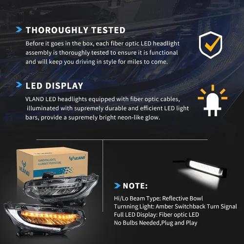 Miniatura 6 de VLAND Lámpara frontal LED compatible con Honda Civic 2016-2021 Sedán/Coupe/Hatchback/Tipo R con iluminación de respiración azul de arranque con Luz