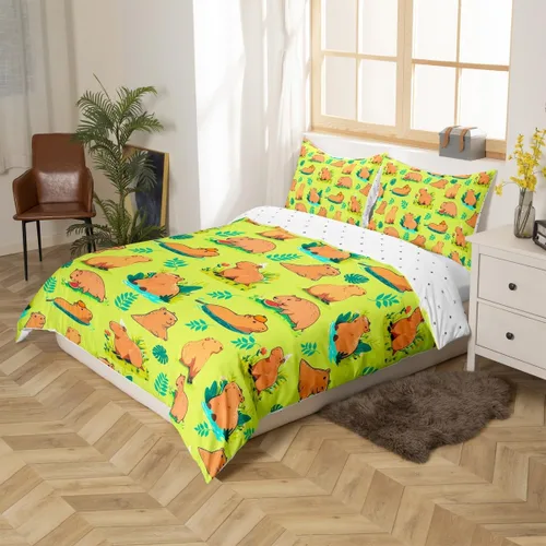 Capybaras - Juego de funda de edredón tamaño individual, juego de ropa de cama para niños y niñas, diseño de zoológico de dibujos animados, juego de