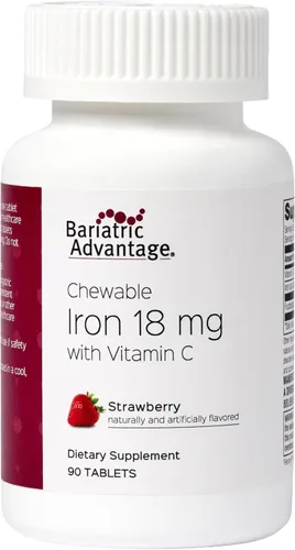 Bariatric Advantage Hierro 18 mg con vitamina C masticable - hierro feronil carbonilo - suave para el estómago - Fresa - 90 unidades