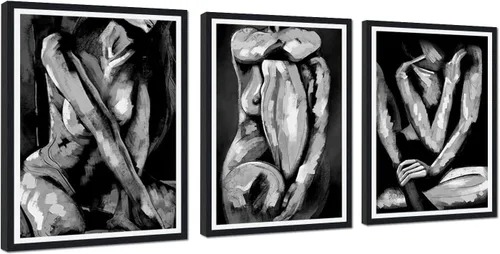 Miniatura 76 de Novatique 3 piezas de arte de pared sexy en blanco y negro para parejas desnudas, decoración de pared abstracta de amor para mujeres y hombres, arte