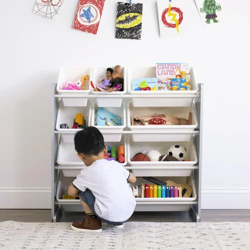 Miniatura 5 de Humble Crew Organizador de almacenamiento de juguetes para niños con 12 cubos de plástico, gris/blanco, contenedores extraíbles para sala