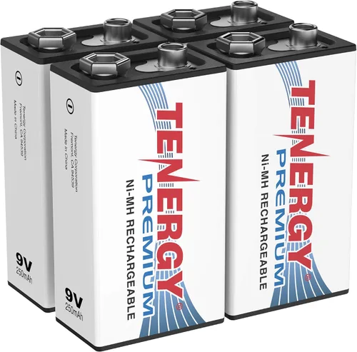Tenergy Baterías premium de 9 V recargables de alto drenaje 250 mAh NiMH 9 V batería cuadrada para alarma de humo/detector de humo, paquete de 4