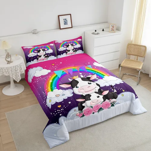 Miniatura 3 de Erosebridal Juego de edredón de animales tamaño individual, juego de ropa de cama de vaca lechera de dibujos animados para niños y niñas
