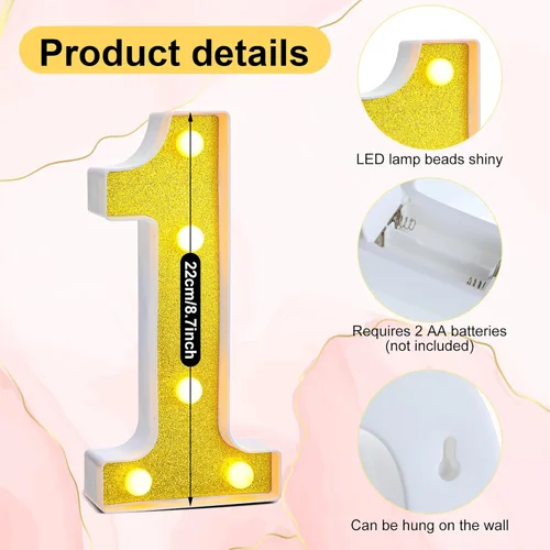 Miniatura 4 de Treela Números LED iluminados decorativos de 8.7'' de cumpleaños, letrero de números de marquesina de purpurina para decoraciones de fiesta de Oro