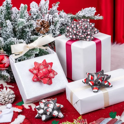 Miniatura 4 de WRAPAHOLIC - Surtido de 12 moños de regalo navideños - Papel kraft rojo y negro con temática navideña para fiestas, cumpleaños y baby shower Navidad